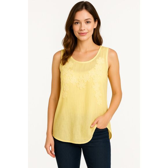 L.O.G.G. Size 12 Sheer Pale Yellow Cotton Tank Embroidered Flowers Raw Edges - Picture 1 of 16